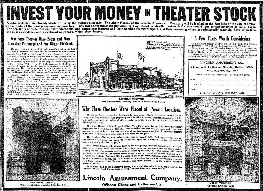Duchess Theatre - 1912 Article On Theater Investment Includes Mirth